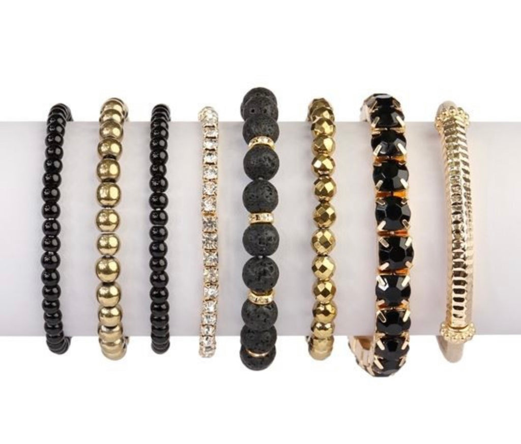 Black and Gold Beaded Bracelet Set